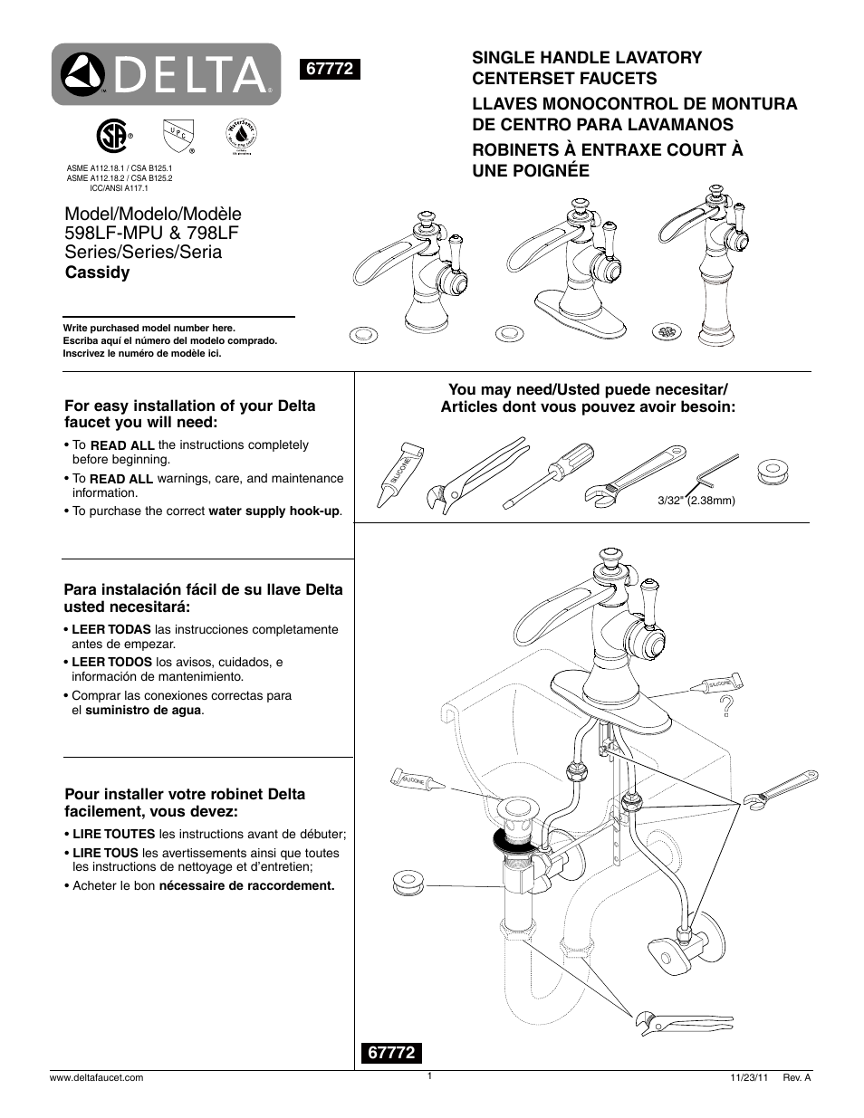 Factory Direct Hardware Delta 598LF-MPU User Manual | 6 pages