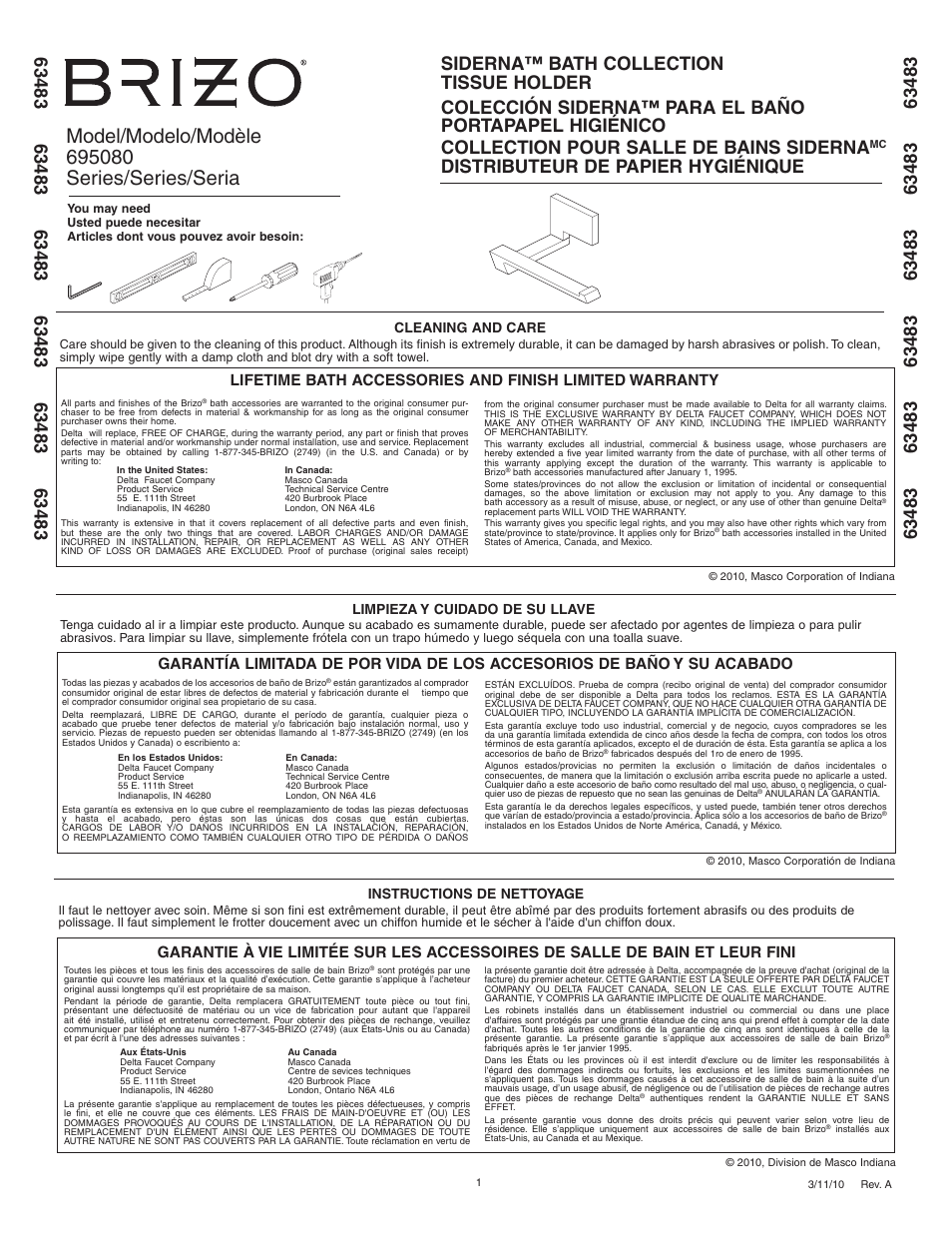 Factory Direct Hardware Brizo 695080 Siderna User Manual | 2 pages