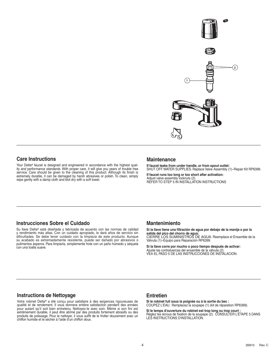 Maintenance, Instrucciones sobre el cuidado, Care instructions | Instructions de nettoyage, Mantenimiento, Entretien | Factory Direct Hardware Delta 701LF-HDF User Manual | Page 4 / 4