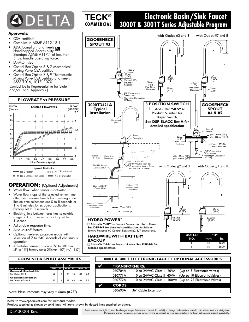 Teck, Electronic basin/sink faucet, Operation | Commercial, Dsp-3000t rev. f, Flowrate vs pressure, Gooseneck spout #3 3 position switch, Gooseneck spout #4 & #5, Hydro power, Hardwire with battery backup | Factory Direct Hardware Delta 710LF-HDF User Manual | Page 2 / 6