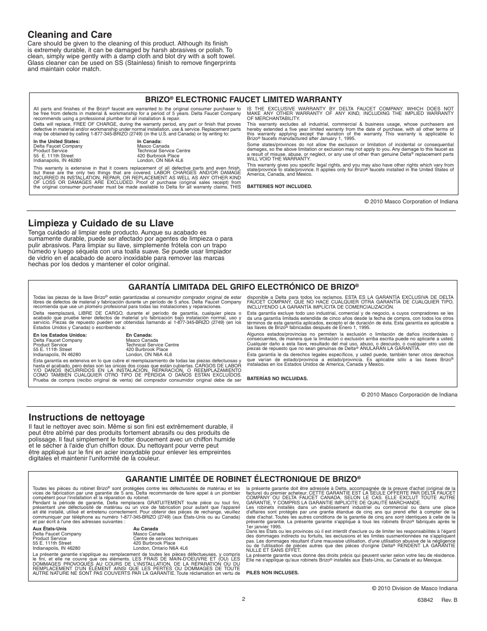 Cleaning and care, Instructions de nettoyage, Limpieza y cuidado de su llave | Brizo, Electronic faucet limited warranty, Garantie limitée de robinet électronique de brizo, Garantía limitada del grifo electrónico de brizo | Factory Direct Hardware Brizo 64903LF Talo User Manual | Page 2 / 16