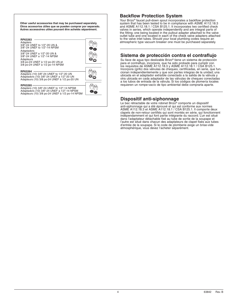 Backflow protection system, Sistema de protección contra el contraflujo, Dispositif anti-siphonnage | Factory Direct Hardware Brizo 64903LF Talo User Manual | Page 4 / 16