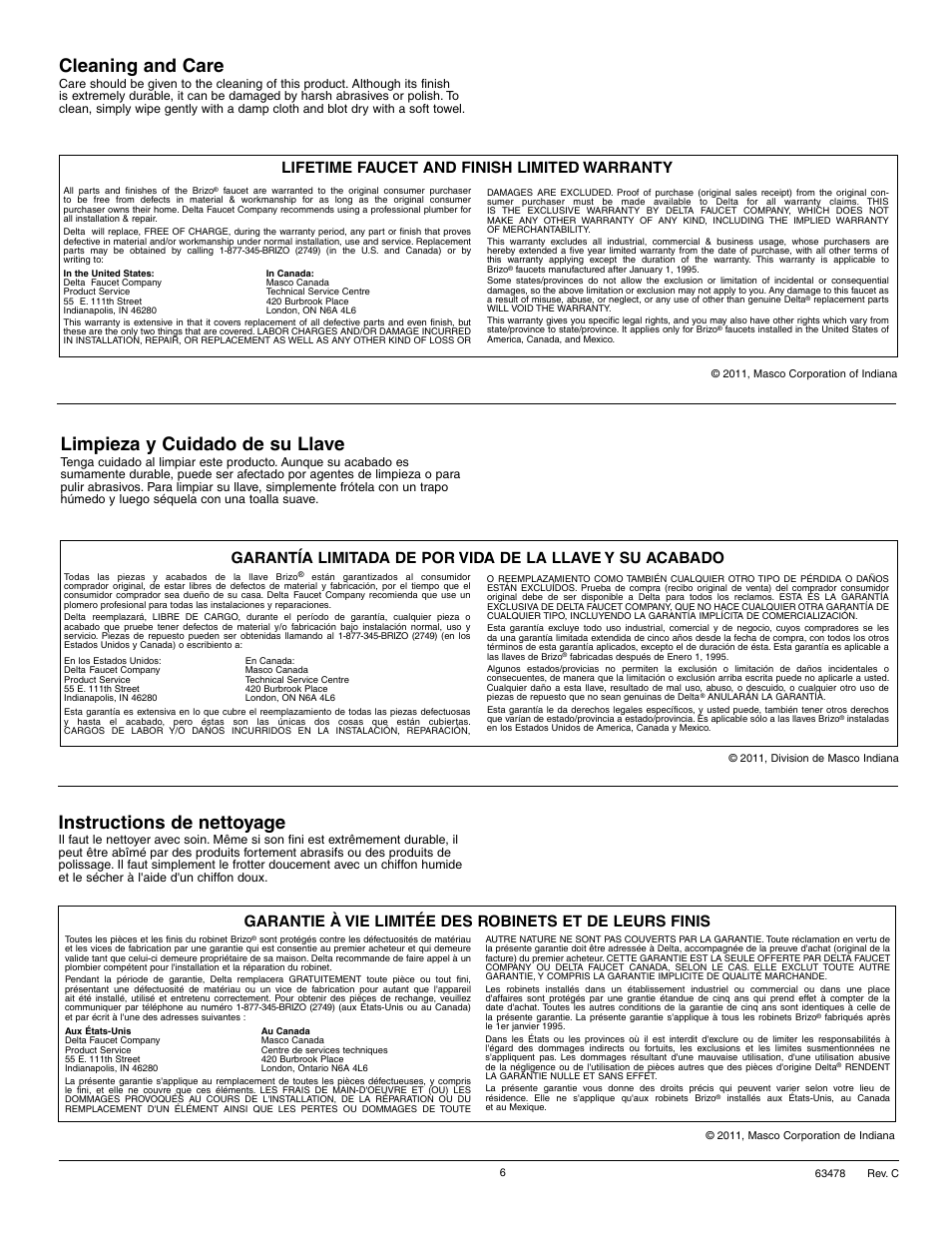 Cleaning and care, Instructions de nettoyage, Limpieza y cuidado de su llave | Lifetime faucet and finish limited warranty | Factory Direct Hardware Brizo 65480LF User Manual | Page 6 / 6