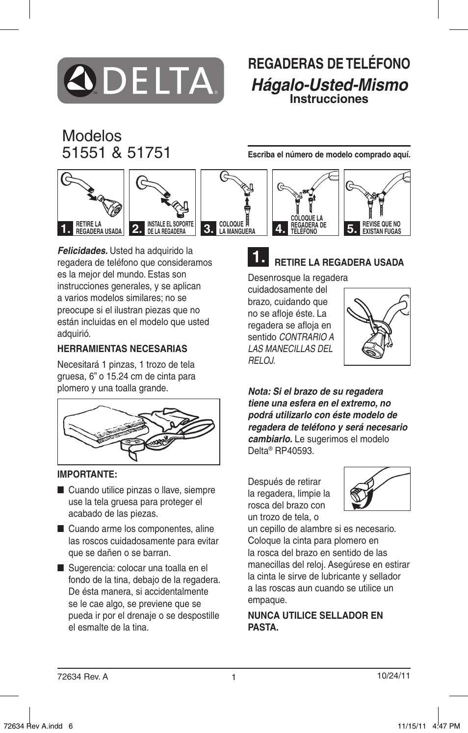 Hágalo-usted-mismo, Regaderas de teléfono, Instrucciones | Factory Direct Hardware Delta 51551 Classic User Manual | Page 6 / 10