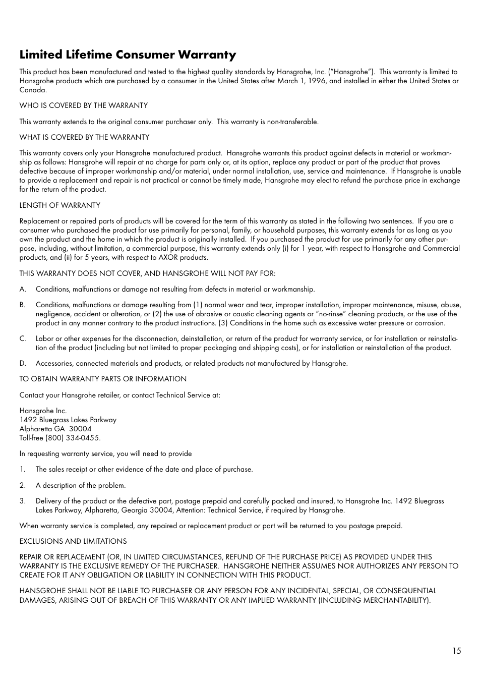 Limited lifetime consumer warranty | Factory Direct Hardware Hansgrohe 11026 User Manual | Page 15 / 16