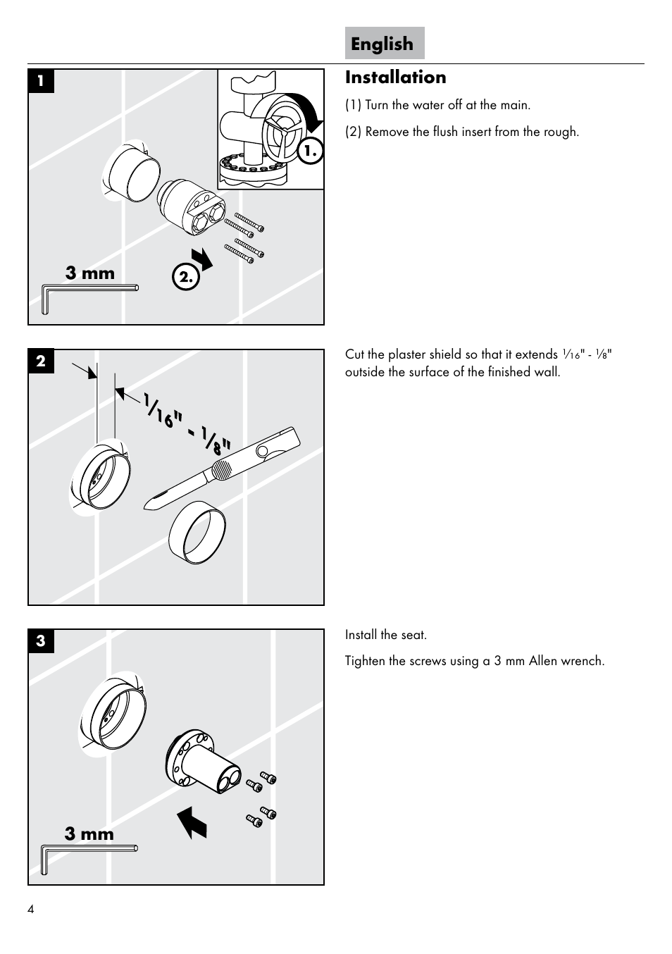 English installation, 3 mm | Factory Direct Hardware Hansgrohe 11026 User Manual | Page 4 / 16