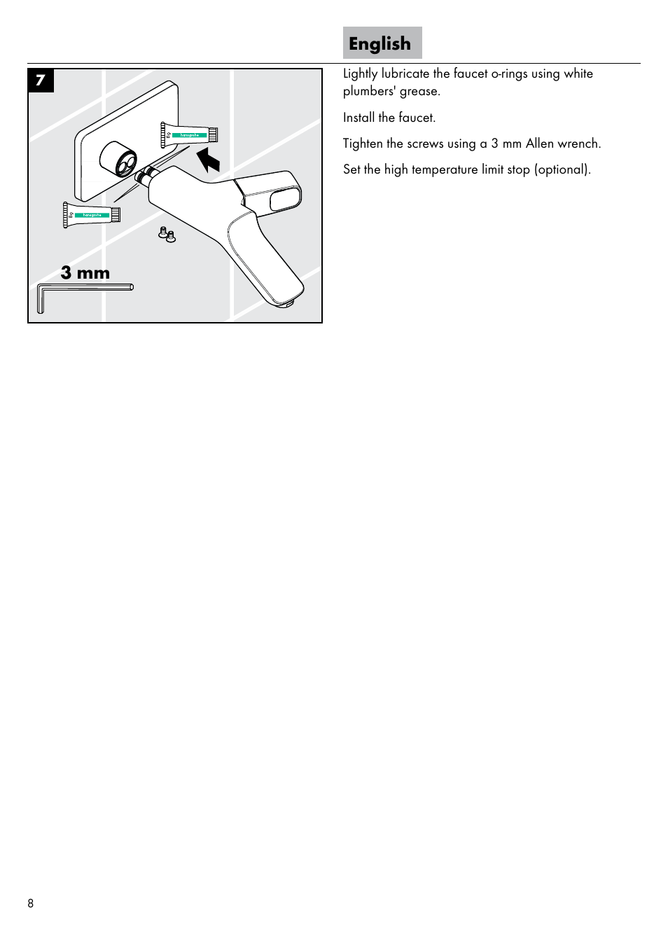 English, 3 mm | Factory Direct Hardware Hansgrohe 11026 User Manual | Page 8 / 16