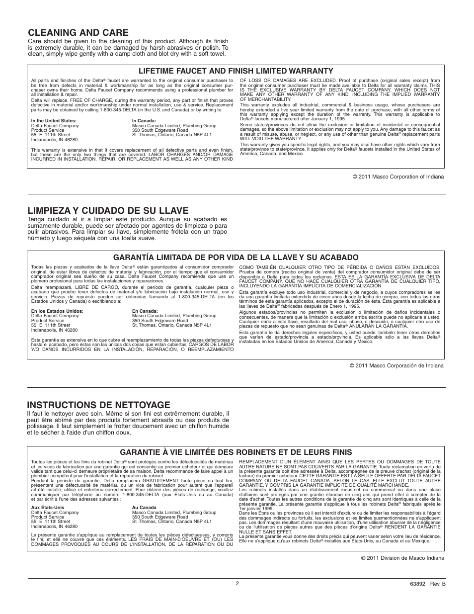 Cleaning and care, Instructions de nettoyage, Limpieza y cuidado de su llave | Lifetime faucet and finish limited warranty | Factory Direct Hardware Delta 3575-MPU-DST User Manual | Page 2 / 8
