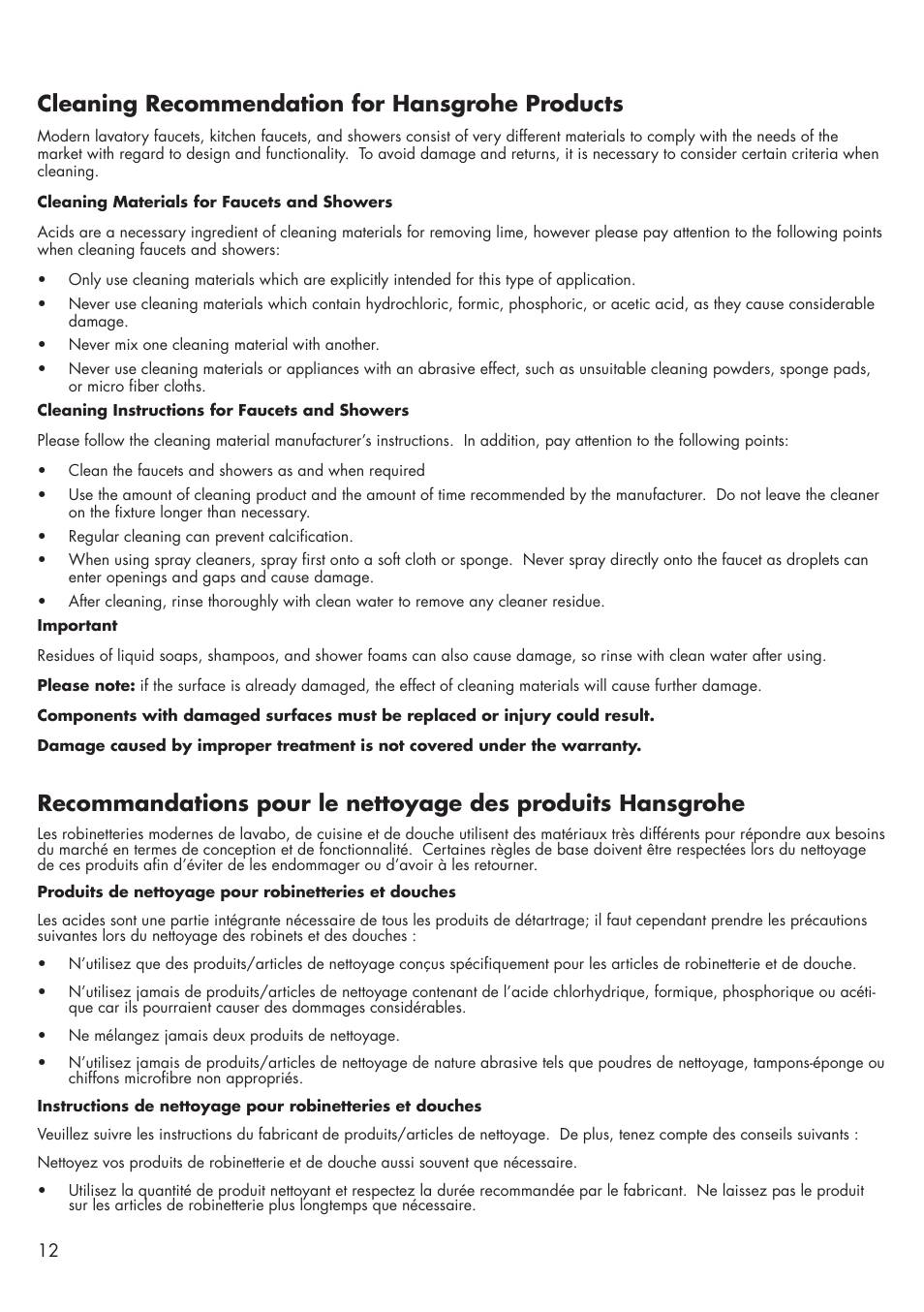 Cleaning recommendation for hansgrohe products | Factory Direct Hardware Hansgrohe 04076LF Allegro E User Manual | Page 12 / 16