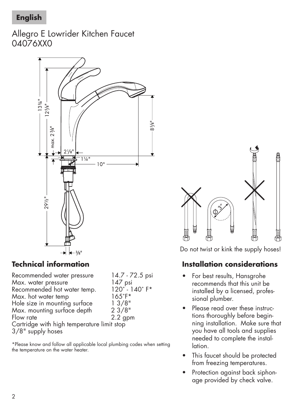 Factory Direct Hardware Hansgrohe 04076LF Allegro E User Manual | Page 2 / 16