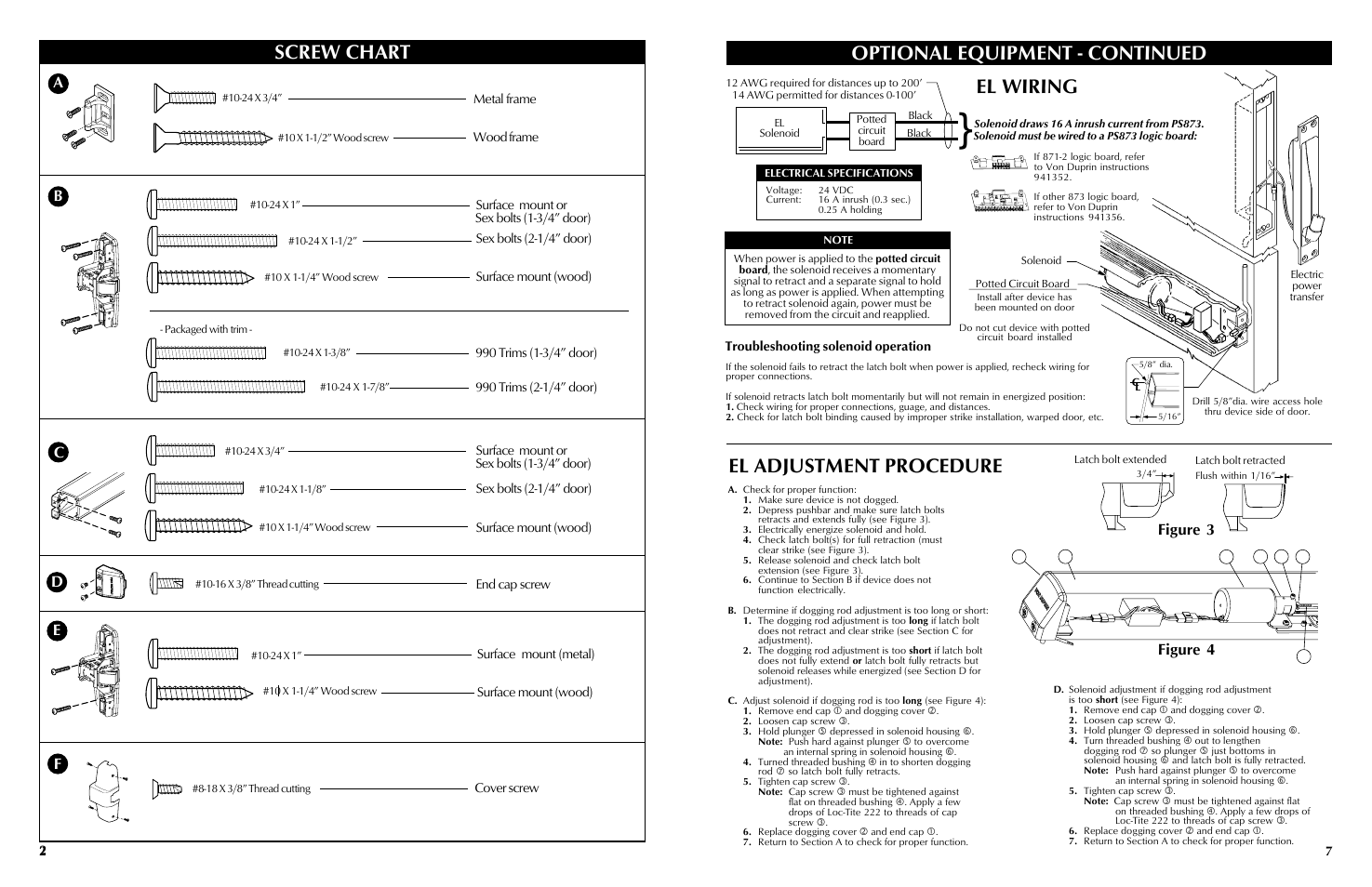 El wiring, El adjustment procedure, Optional equipment - continued | Screw chart, Figure 3, Dfigure 4 | Factory Direct Hardware Von Duprin 98EO User Manual | Page 2 / 4