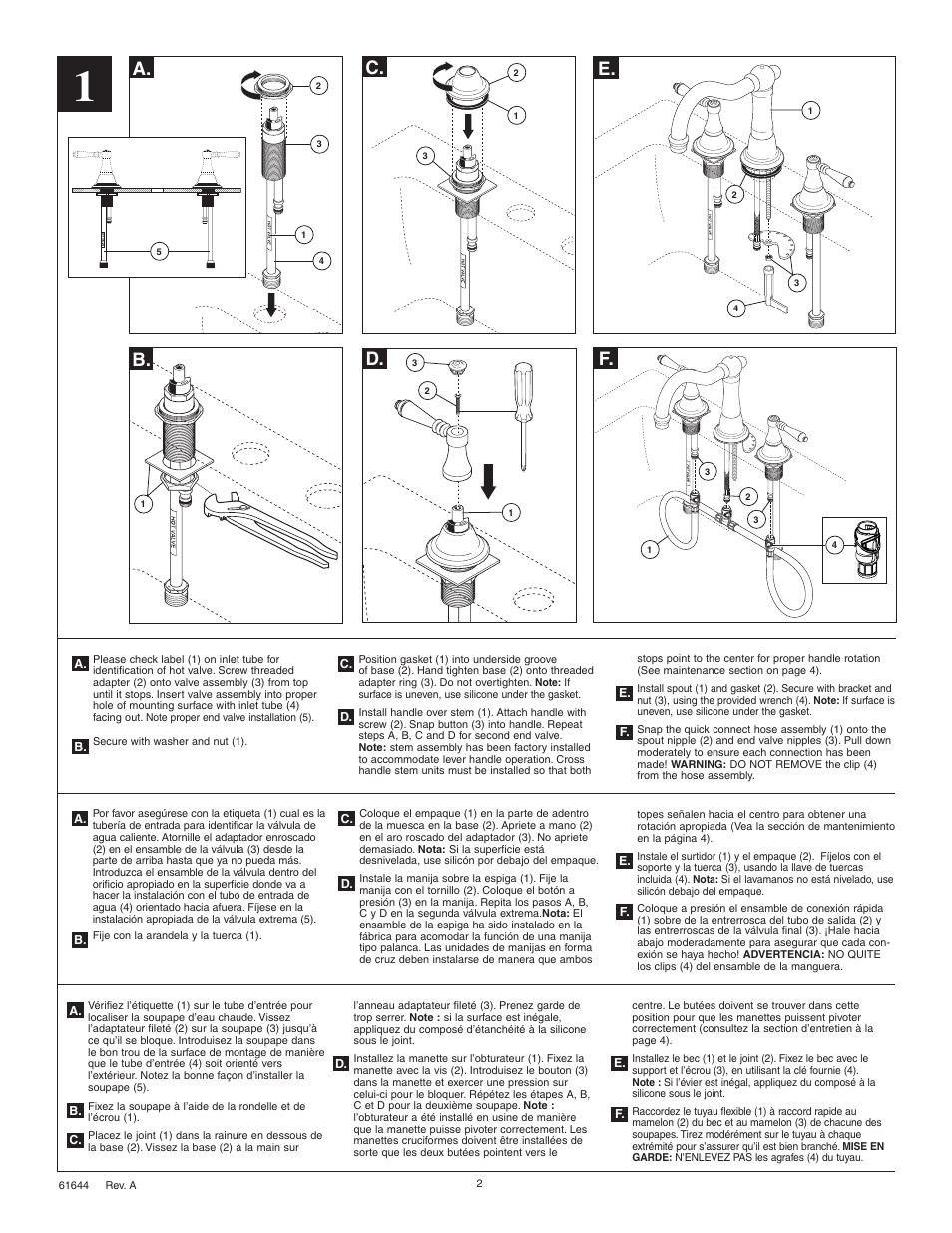 A. e. f, C. d. b | Factory Direct Hardware Brizo 65338LF User Manual | Page 2 / 6