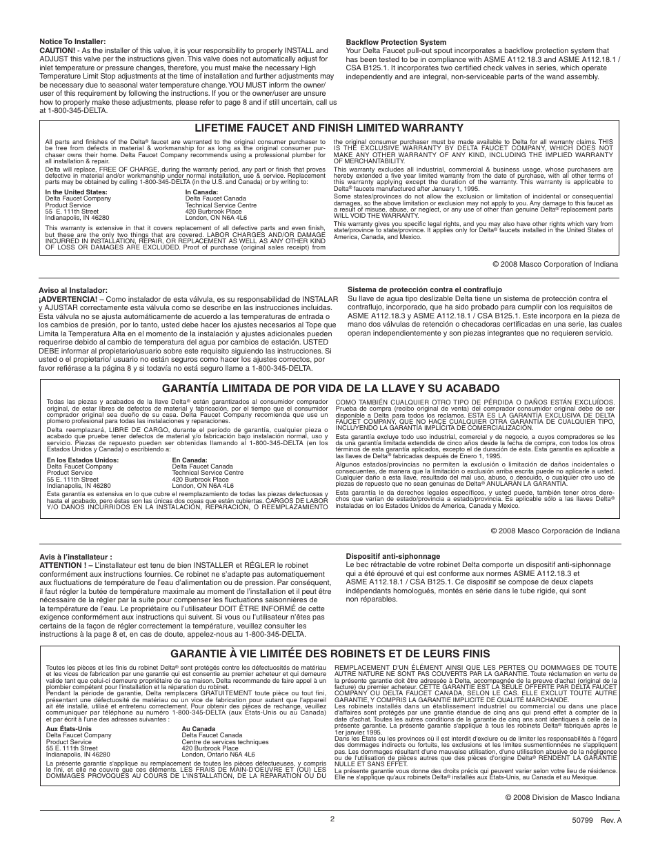 Lifetime faucet and finish limited warranty | Factory Direct Hardware Delta 467-SD-DST Palo User Manual | Page 2 / 12