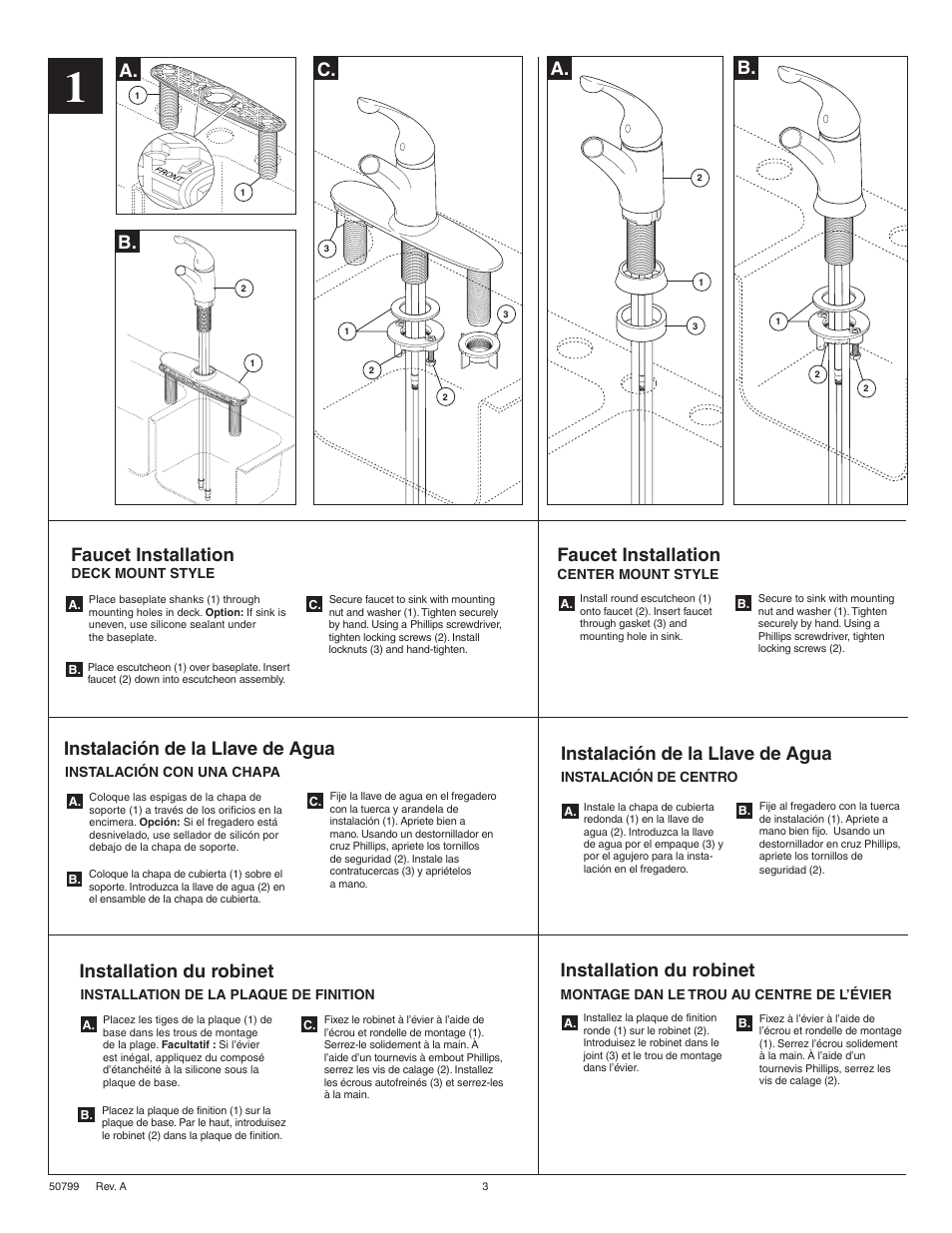 B. c, Faucet installation, Instalación de la llave de agua | Installation du robinet | Factory Direct Hardware Delta 467-SD-DST Palo User Manual | Page 3 / 12