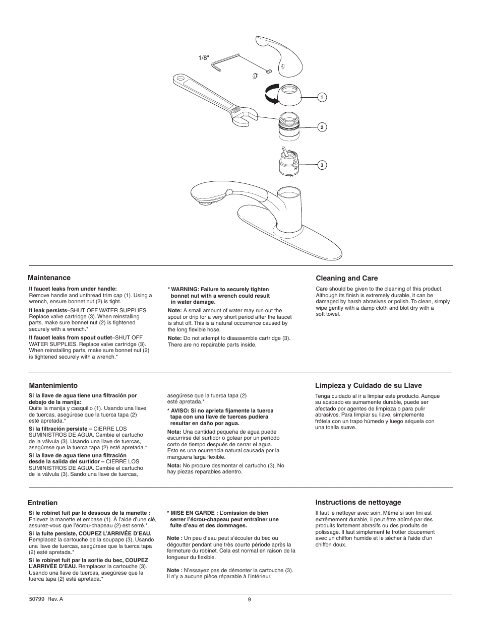 Maintenance, Mantenimiento entretien cleaning and care, Instructions de nettoyage | Limpieza y cuidado de su llave | Factory Direct Hardware Delta 467-SD-DST Palo User Manual | Page 9 / 12