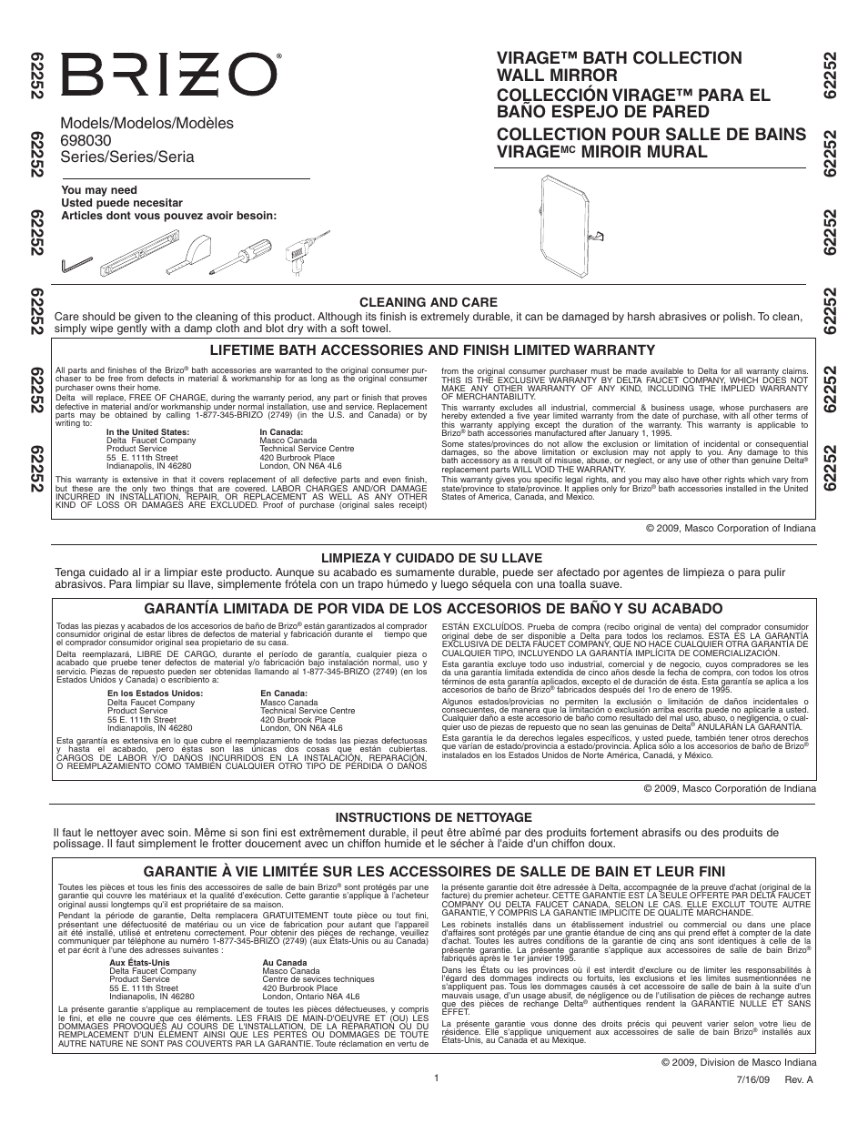 Factory Direct Hardware Brizo 698030 Virage User Manual | 4 pages