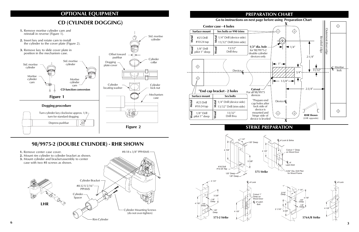 Optional equipment, Cd (cylinder dogging), Preparation chart | Strike preparation, Figure 1 figure 2, Dogging procedure, Center case - 4 holes, End cap bracket - 2 holes | Factory Direct Hardware Von Duprin 9847EOF3 User Manual | Page 3 / 4
