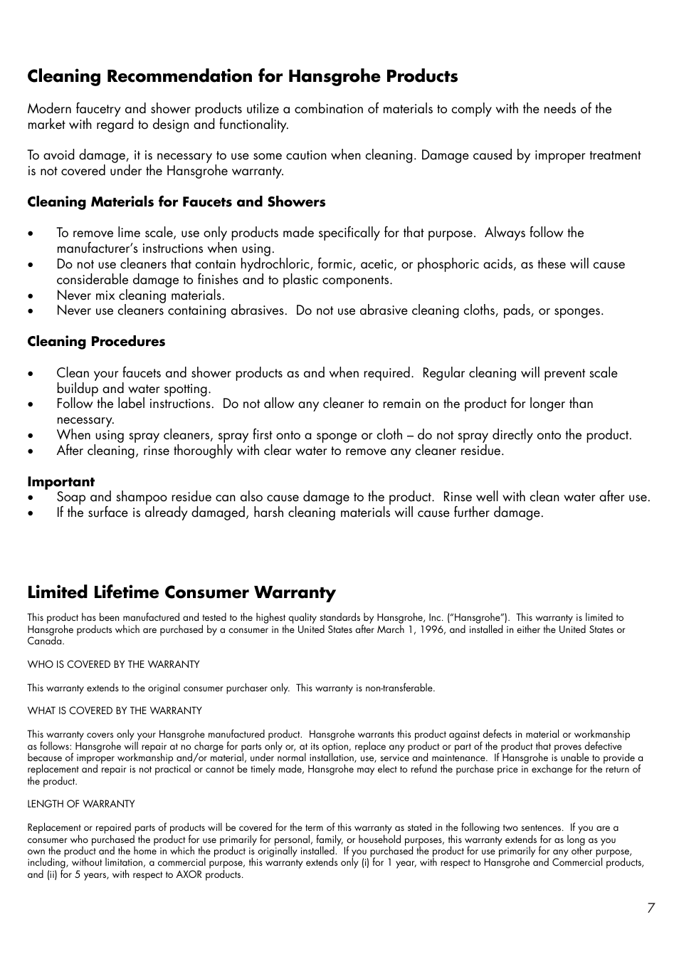 Cleaning recommendation for hansgrohe products, Limited lifetime consumer warranty | Factory Direct Hardware Hansgrohe 32070 User Manual | Page 7 / 8
