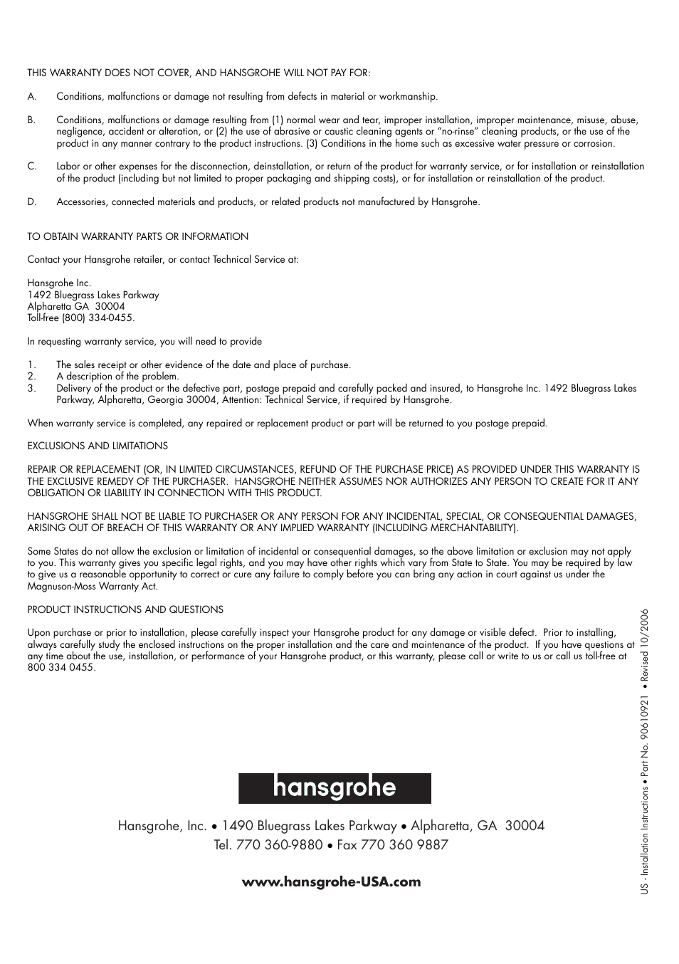 Factory Direct Hardware Hansgrohe 32070 User Manual | Page 8 / 8