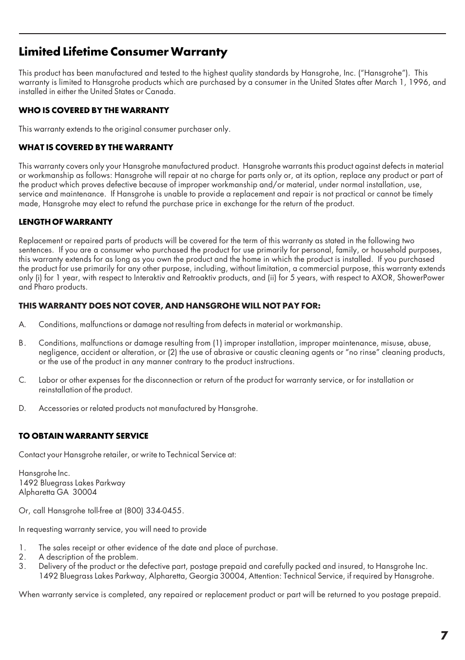 7limited lifetime consumer warranty | Factory Direct Hardware Hansgrohe 27418001 Raindance User Manual | Page 7 / 8