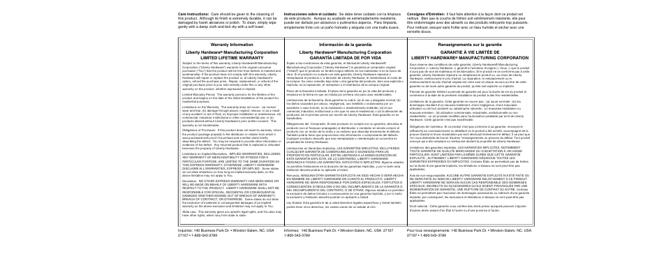 Warranty information liberty hardware, Información de la garantía liberty hardware, Manufacturing corporation | Factory Direct Hardware Delta 79418 Linden User Manual | Page 2 / 2