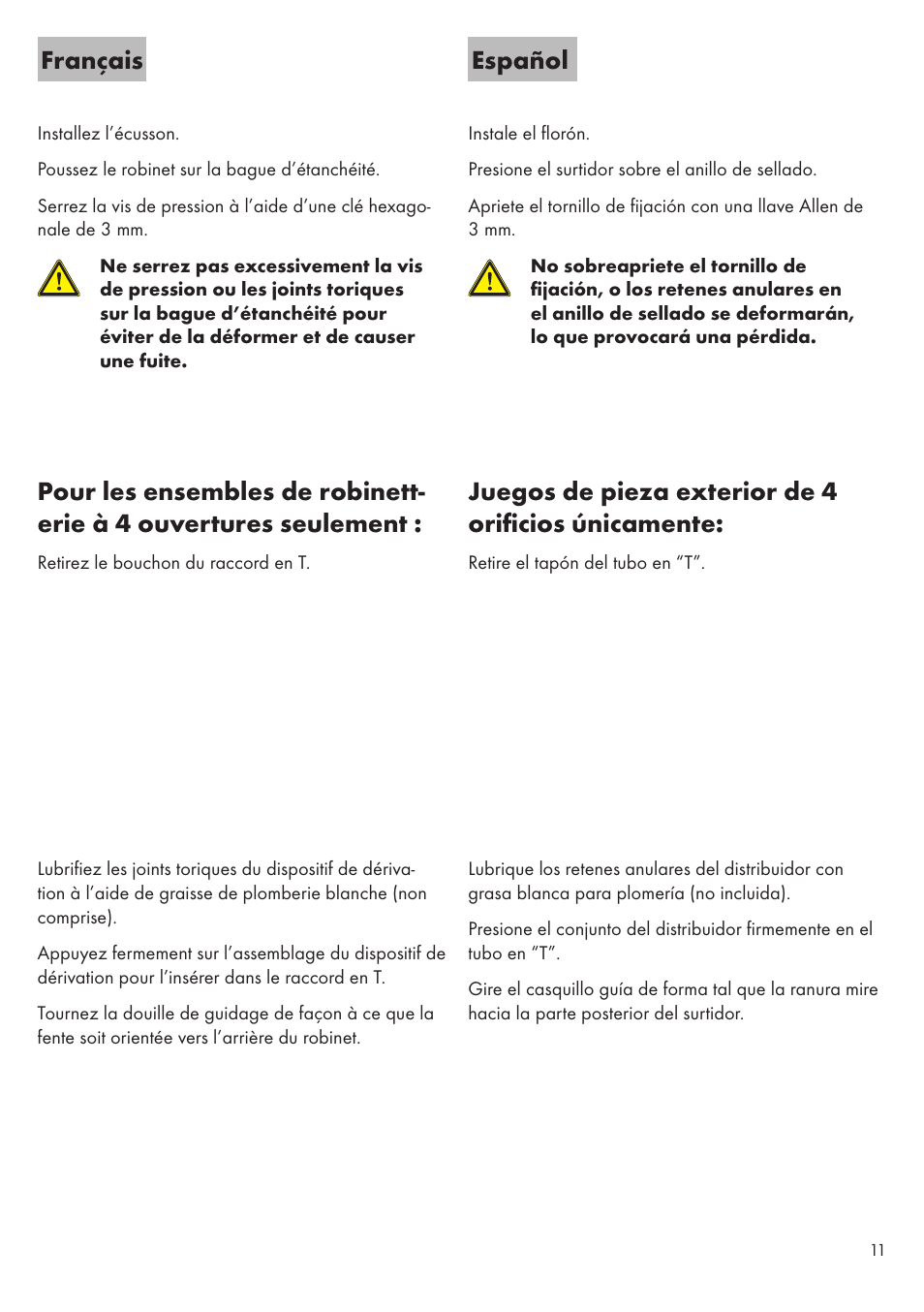 Français español, Juegos de pieza exterior de 4 orificios únicamente | Factory Direct Hardware Hansgrohe 31438 Metris S User Manual | Page 11 / 24