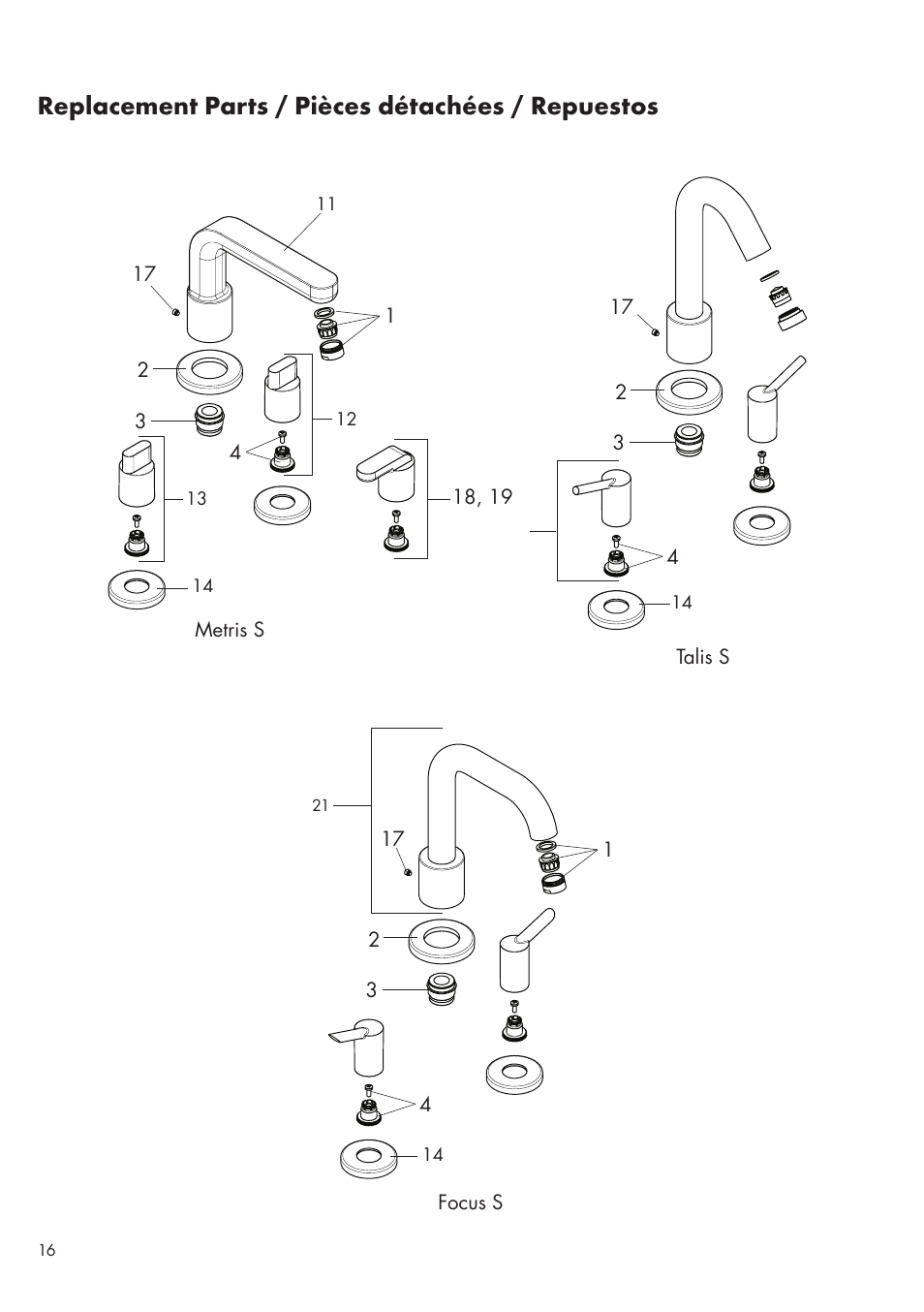 Replacement parts / pièces détachées / repuestos | Factory Direct Hardware Hansgrohe 31438 Metris S User Manual | Page 16 / 24