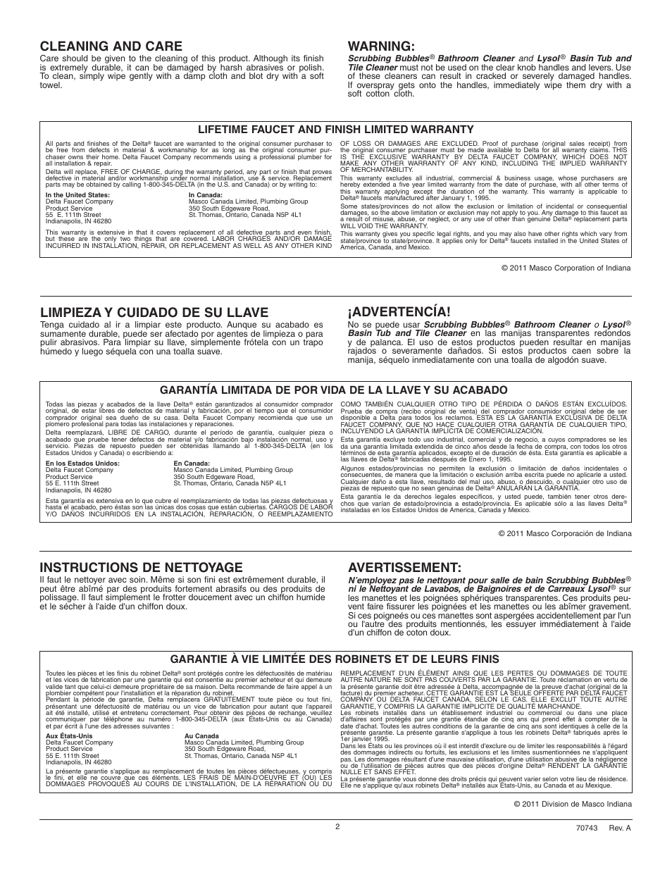 Cleaning and care, Instructions de nettoyage, Limpieza y cuidado de su llave | Warning, Avertissement, Advertencía, Lifetime faucet and finish limited warranty | Factory Direct Hardware Delta 2503LF User Manual | Page 2 / 8