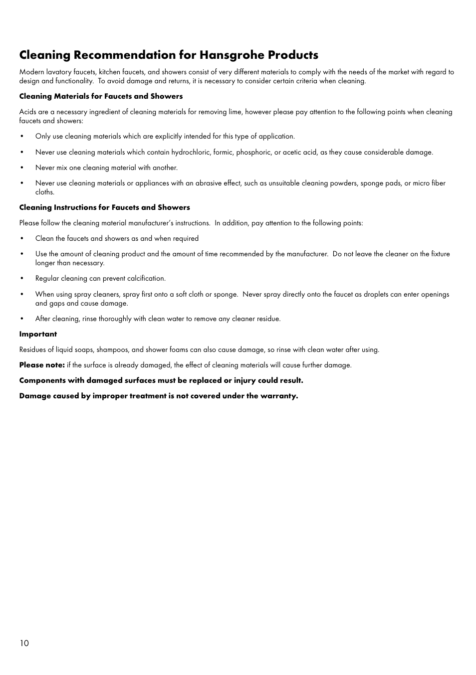 Cleaning recommendation for hansgrohe products | Factory Direct Hardware Hansgrohe 11431 Axor Urquiola User Manual | Page 10 / 16