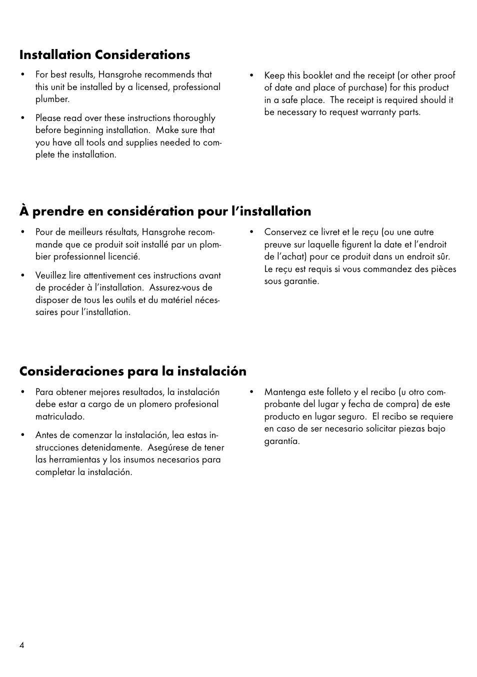 Installation considerations, Consideraciones para la instalación, À prendre en considération pour l’installation | Factory Direct Hardware Hansgrohe 11431 Axor Urquiola User Manual | Page 4 / 16