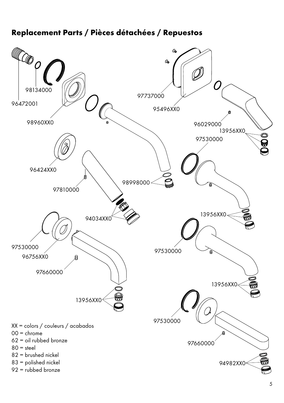Replacement parts / pièces détachées / repuestos | Factory Direct Hardware Hansgrohe 11431 Axor Urquiola User Manual | Page 5 / 16