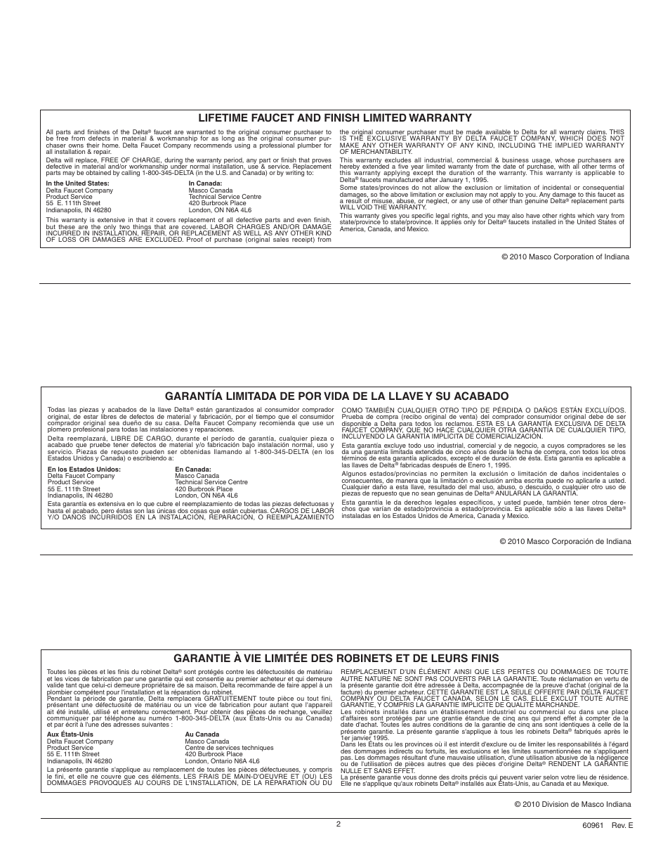 Lifetime faucet and finish limited warranty | Factory Direct Hardware Delta 11926-DST Lewiston User Manual | Page 2 / 12
