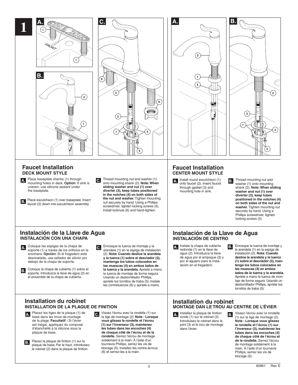 B. c, Faucet installation, Instalación de la llave de agua | Installation du robinet | Factory Direct Hardware Delta 11926-DST Lewiston User Manual | Page 3 / 12