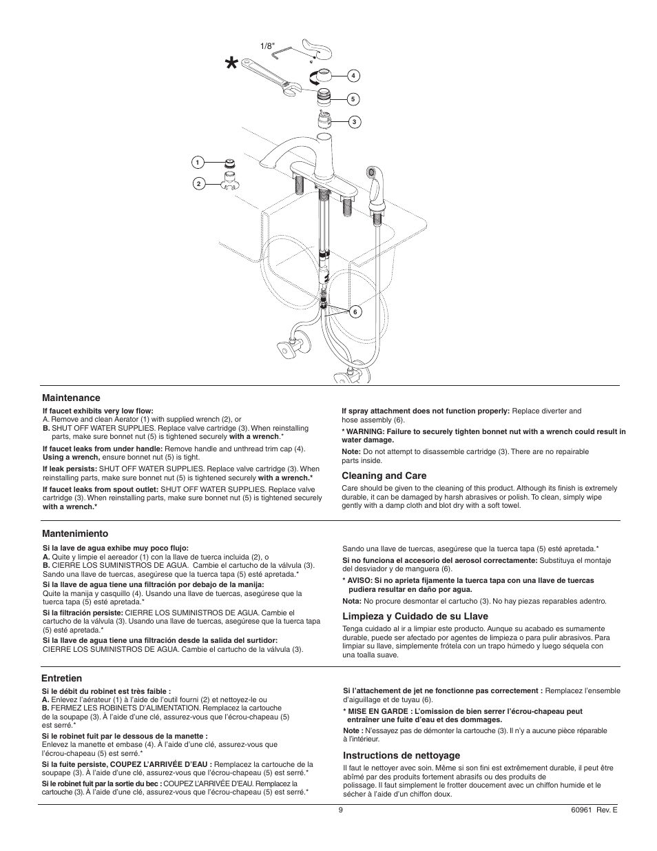 Maintenance, Cleaning and care, Mantenimiento | Limpieza y cuidado de su llave, Entretien, Instructions de nettoyage | Factory Direct Hardware Delta 11926-DST Lewiston User Manual | Page 9 / 12