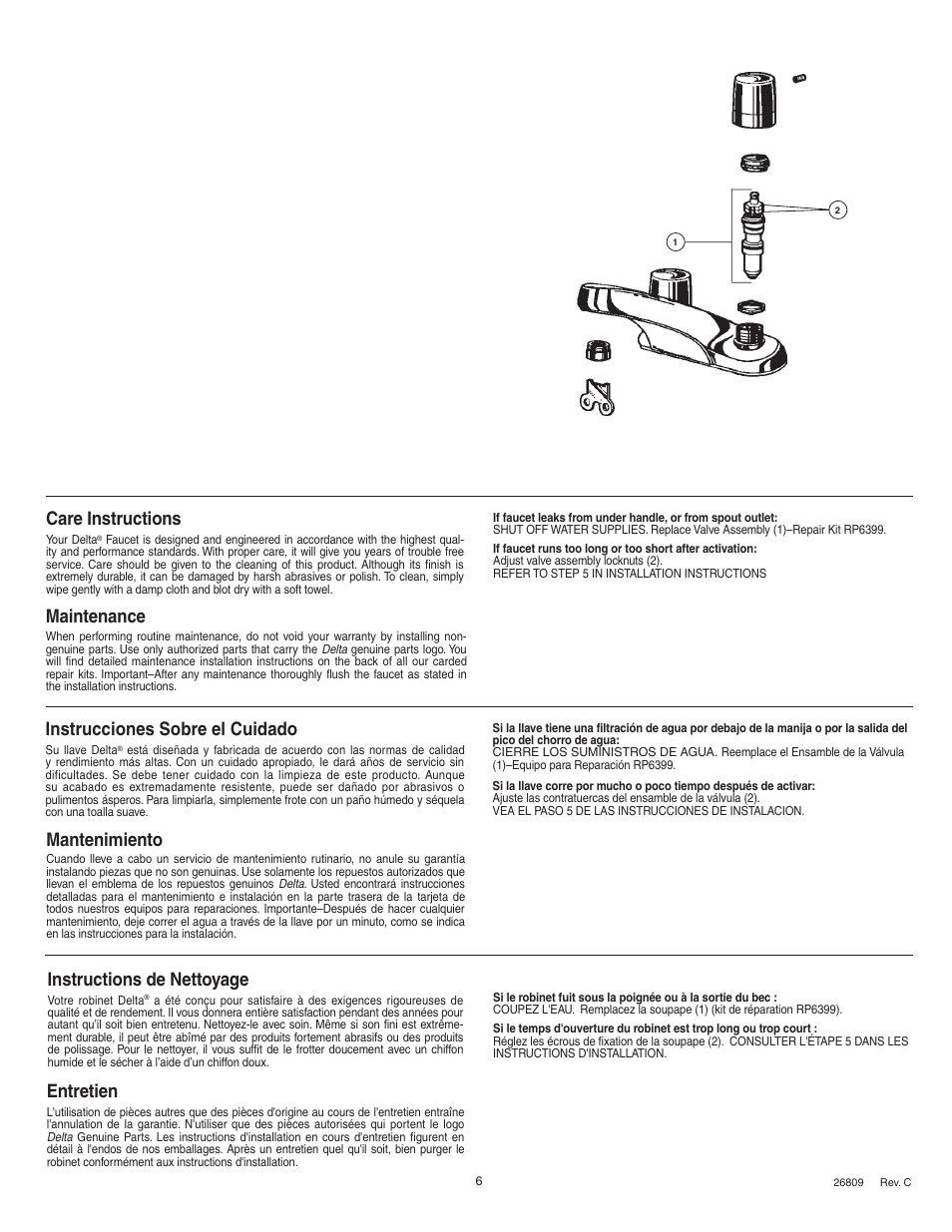 Maintenance, Mantenimiento, Entretien | Instrucciones sobre el cuidado, Care instructions, Instructions de nettoyage | Factory Direct Hardware Delta 511LF-HDF User Manual | Page 2 / 6