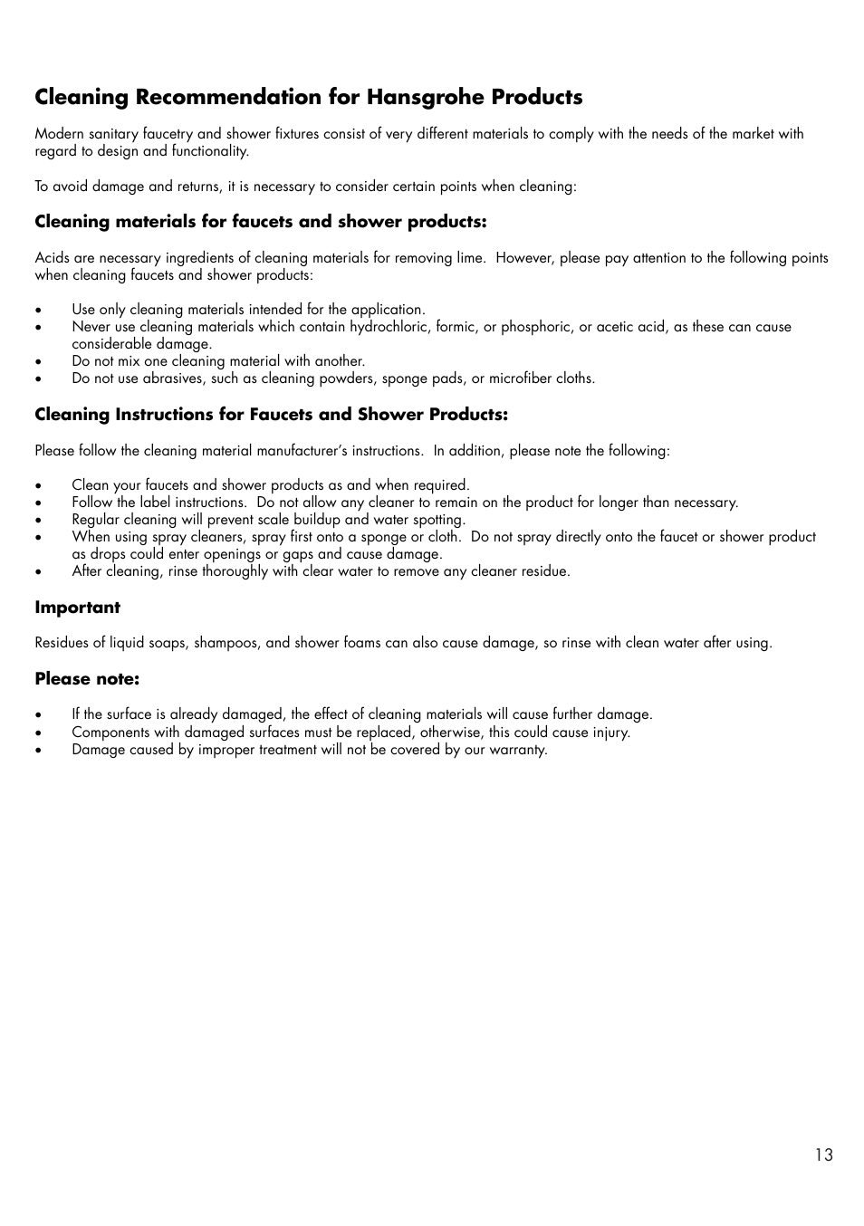 Cleaning recommendation for hansgrohe products | Factory Direct Hardware Hansgrohe 32314 Talis S User Manual | Page 13 / 16