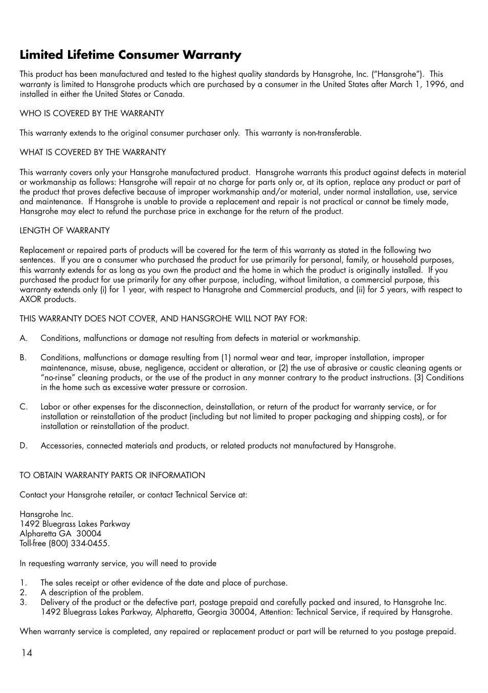 Limited lifetime consumer warranty | Factory Direct Hardware Hansgrohe 32314 Talis S User Manual | Page 14 / 16