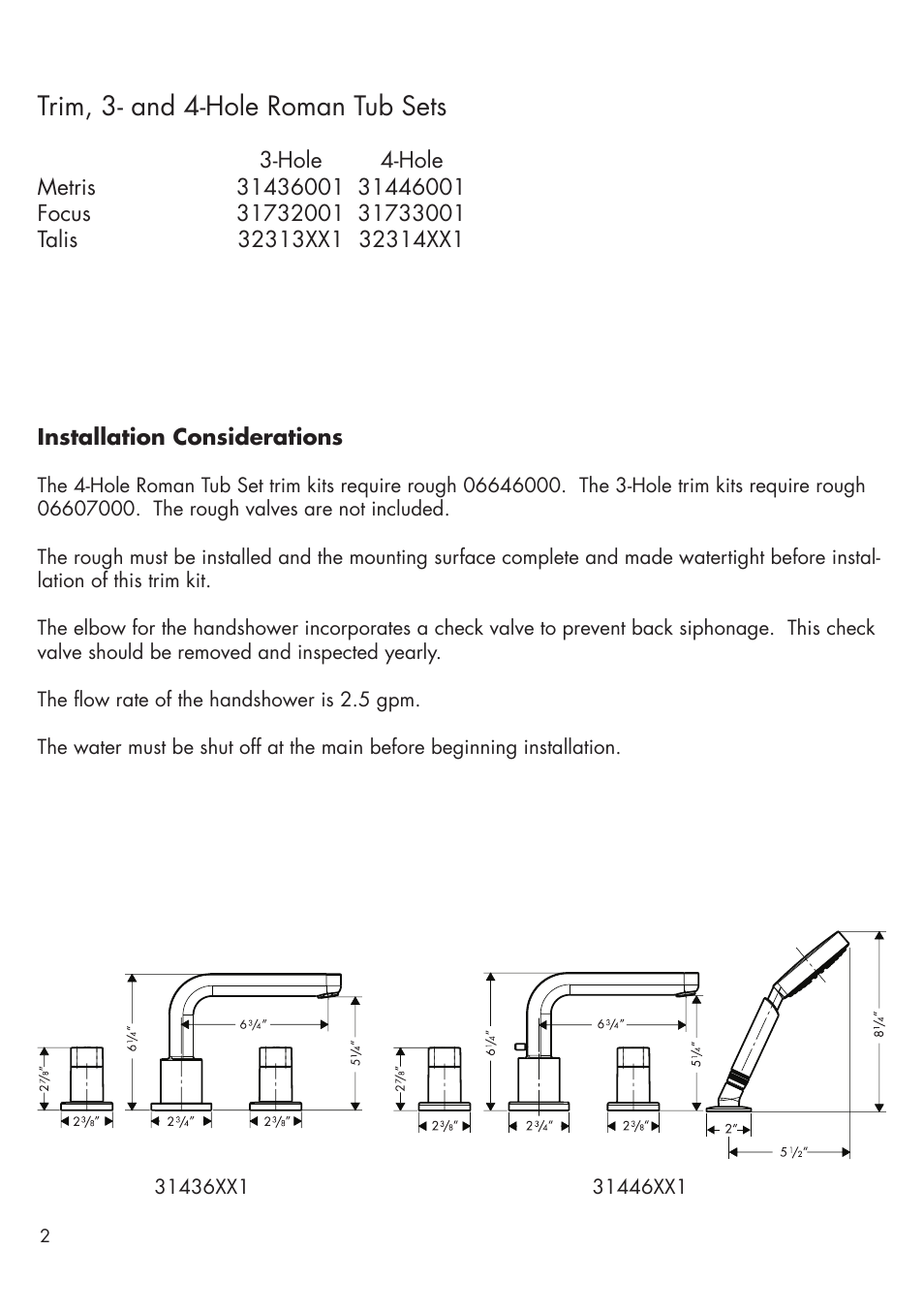 Trim, 3- and 4-hole roman tub sets | Factory Direct Hardware Hansgrohe 32314 Talis S User Manual | Page 2 / 16