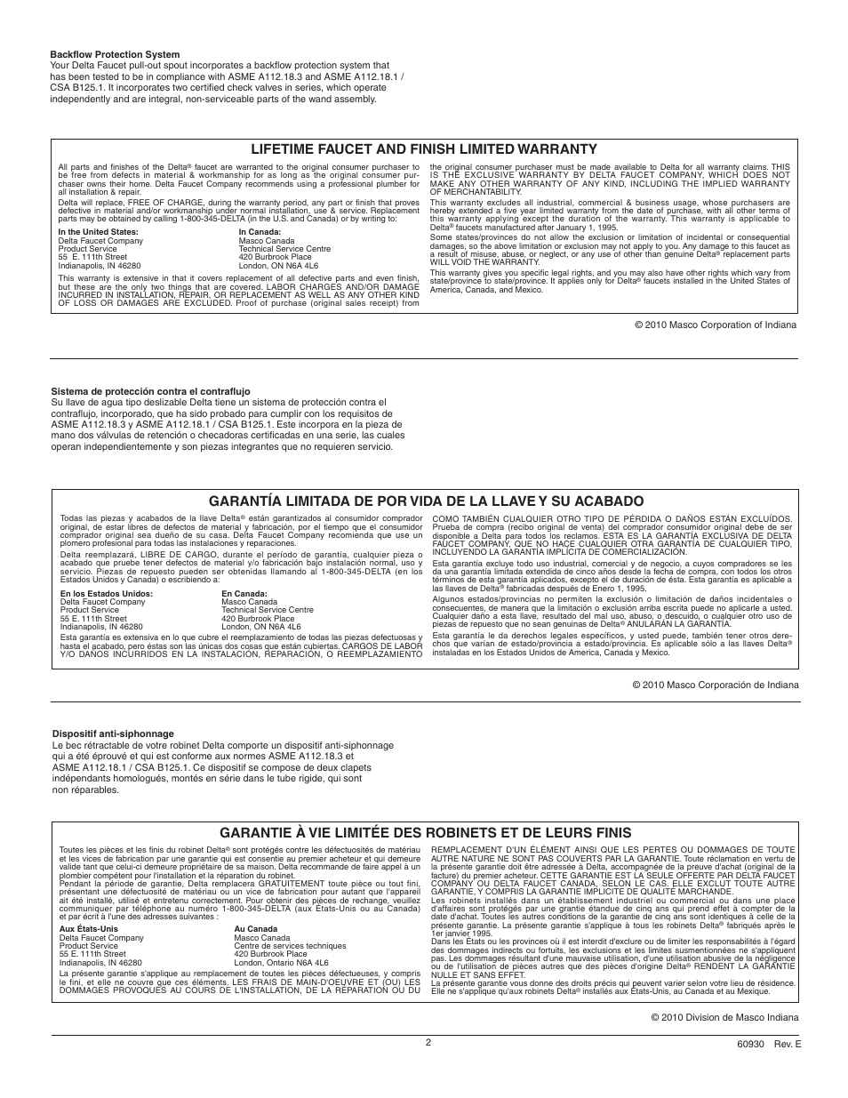 Lifetime faucet and finish limited warranty | Factory Direct Hardware Delta 468-SD-DST Cicero User Manual | Page 2 / 12