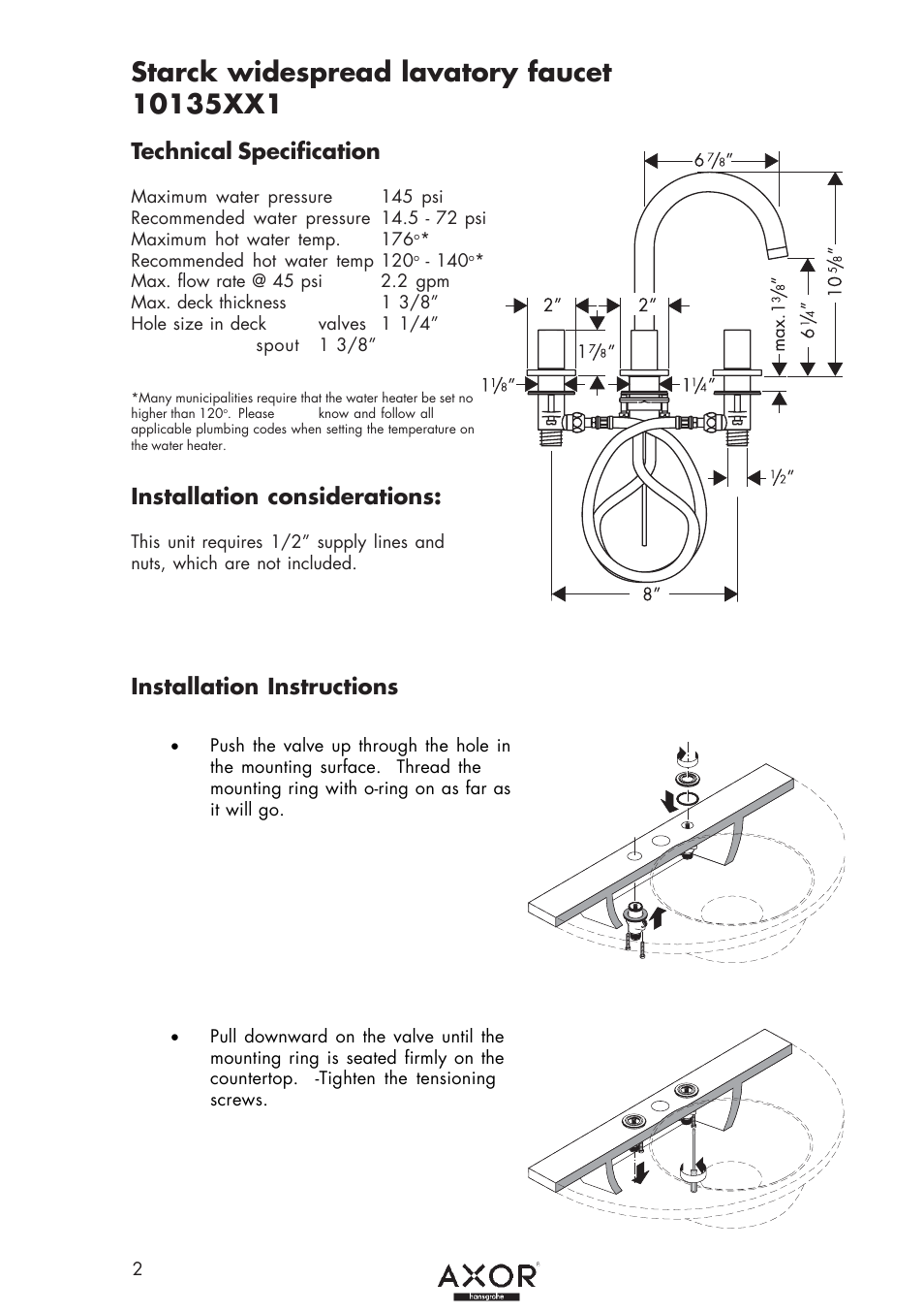 Technical specification, Installation considerations, Installation instructions | Factory Direct Hardware Hansgrohe 10135 User Manual | Page 2 / 8