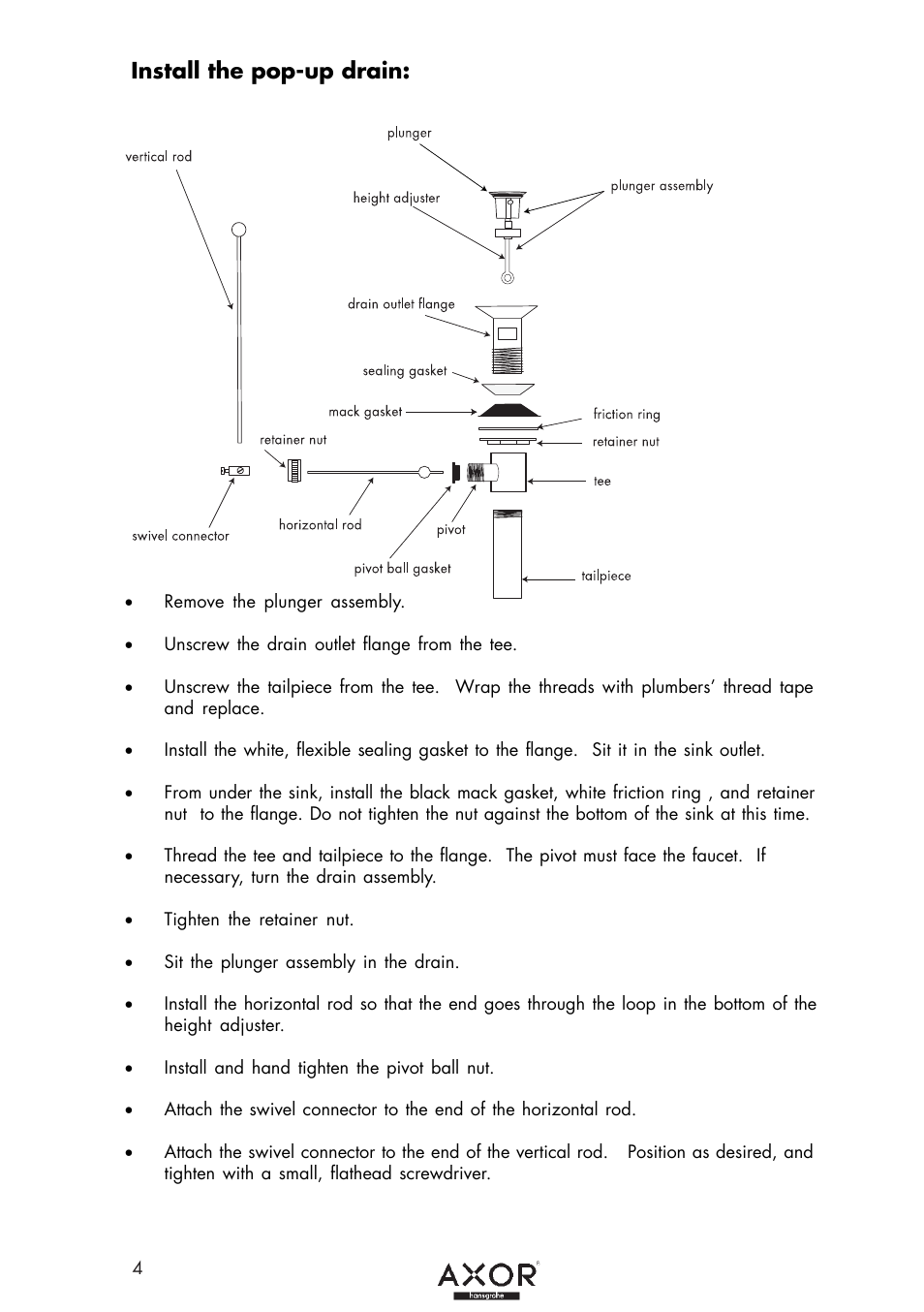 Install the pop-up drain | Factory Direct Hardware Hansgrohe 10135 User Manual | Page 4 / 8