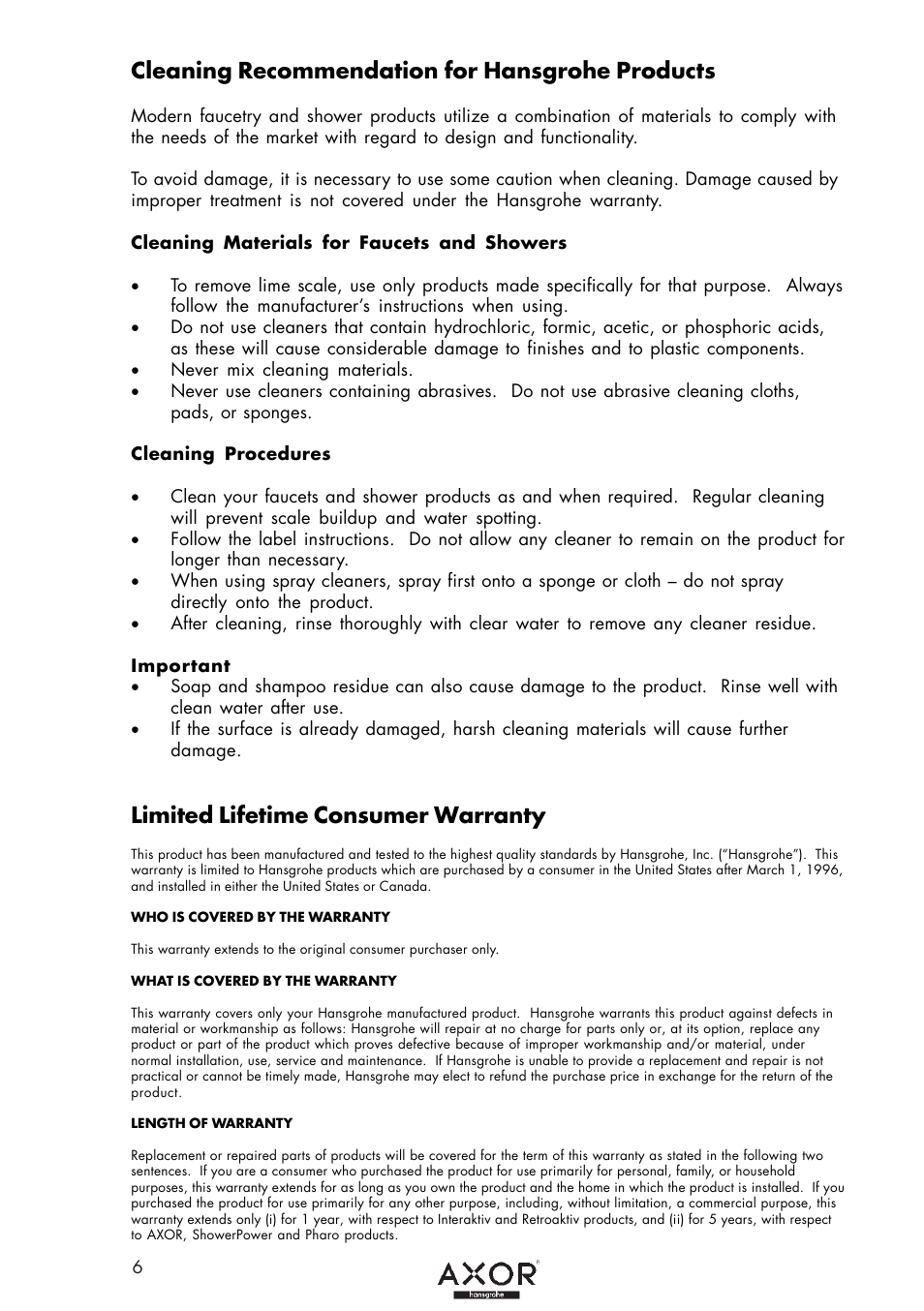 Cleaning recommendation for hansgrohe products, Limited lifetime consumer warranty | Factory Direct Hardware Hansgrohe 10135 User Manual | Page 6 / 8