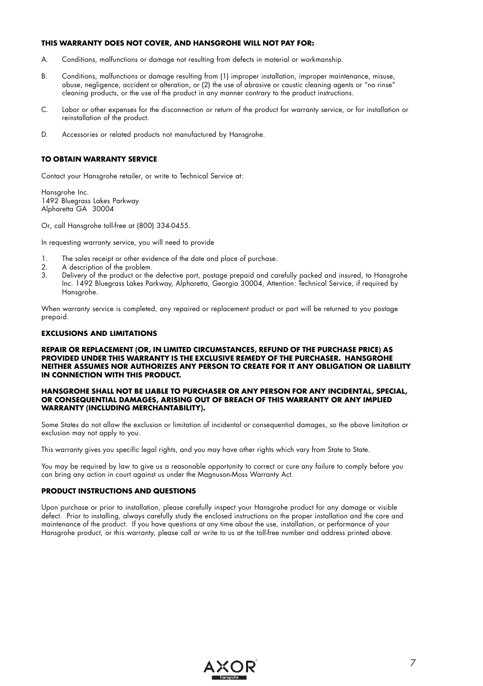 Factory Direct Hardware Hansgrohe 10135 User Manual | Page 7 / 8