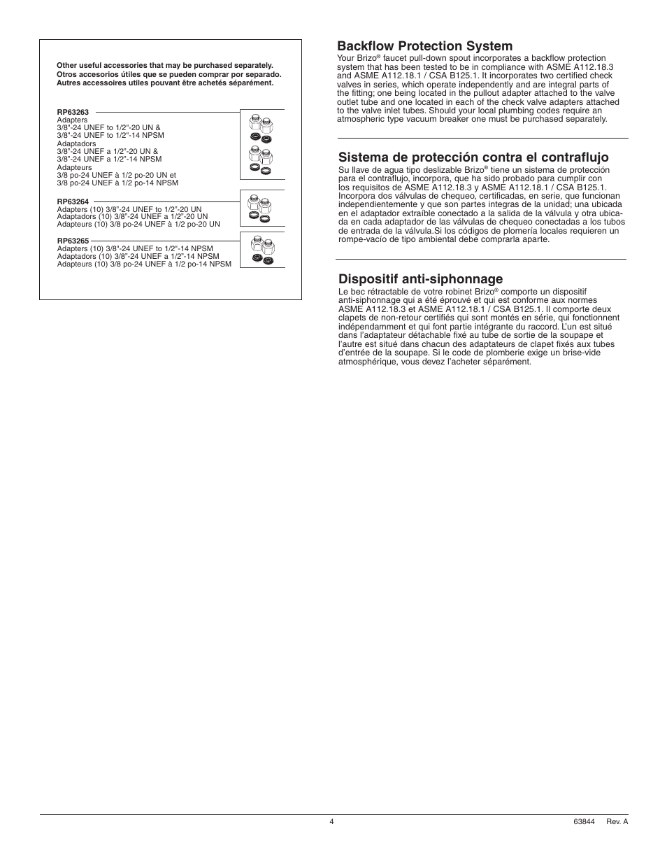 Backflow protection system, Sistema de protección contra el contraflujo, Dispositif anti-siphonnage | Factory Direct Hardware Brizo 64070LF Venuto User Manual | Page 4 / 16