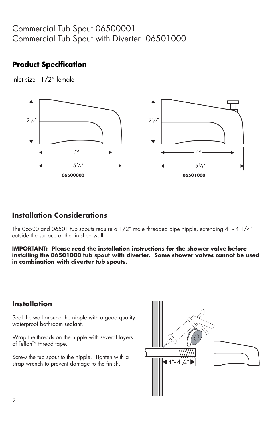 Product specification, Installation considerations, Installation | Factory Direct Hardware Hansgrohe 06501000 User Manual | Page 2 / 4