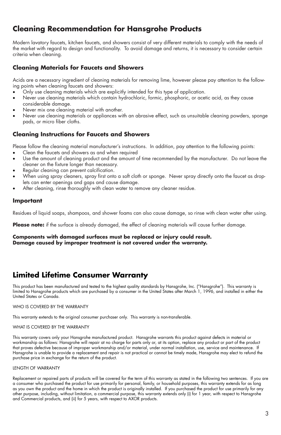Limited lifetime consumer warranty, Cleaning recommendation for hansgrohe products | Factory Direct Hardware Hansgrohe 06501000 User Manual | Page 3 / 4