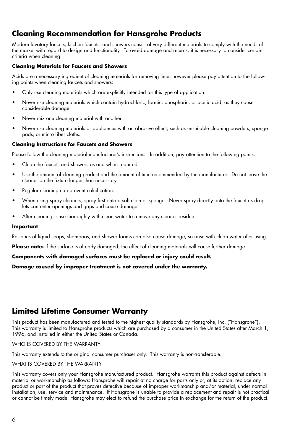 Limited lifetime consumer warranty, Cleaning recommendation for hansgrohe products | Factory Direct Hardware Hansgrohe 04059860 Allegro E User Manual | Page 6 / 8