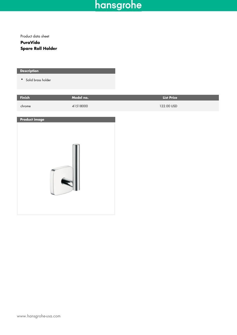 Factory Direct Hardware Hansgrohe 41518000 PuraVida User Manual | 1 page