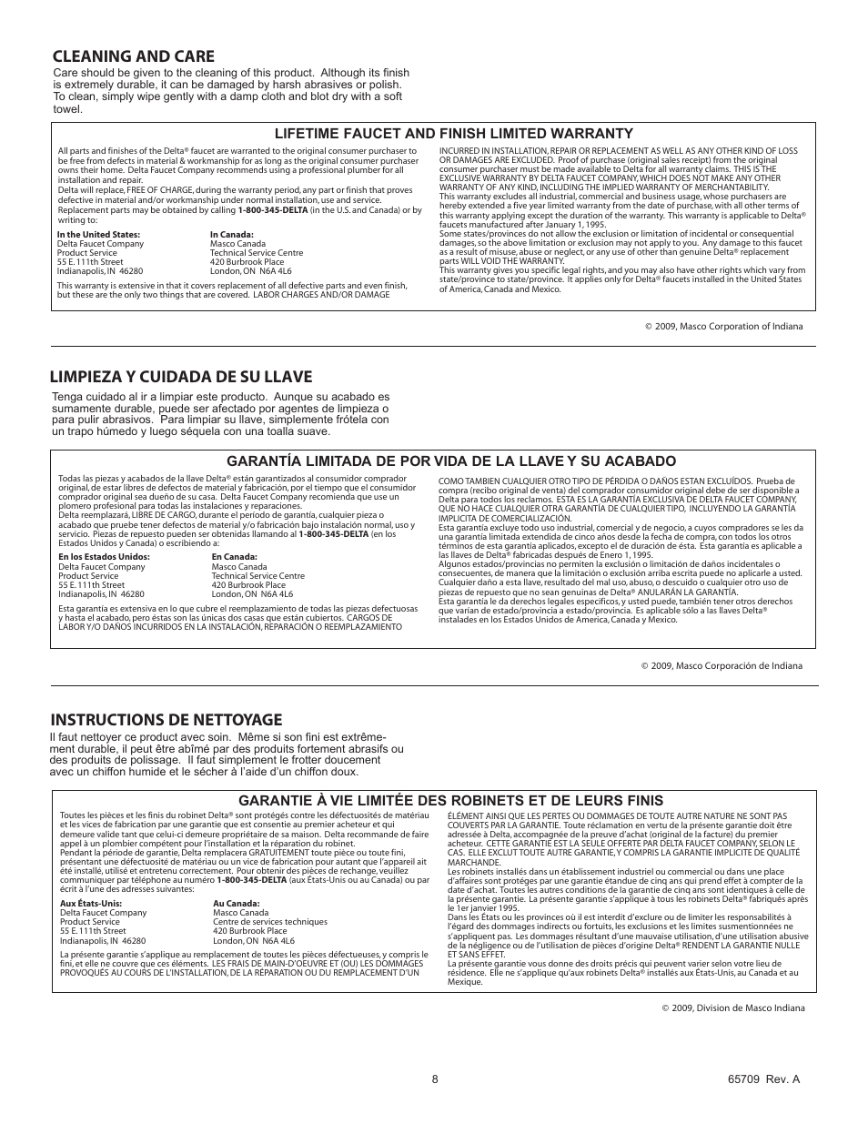 Cleaning and care, Instructions de nettoyage, Limpieza y cuidada de su llave | Lifetime faucet and finish limited warranty | Factory Direct Hardware Delta 3585LF-WL User Manual | Page 8 / 8