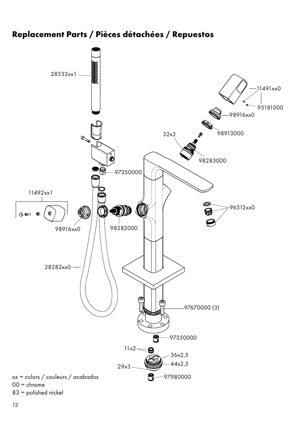 Replacement parts / pièces détachées / repuestos | Factory Direct Hardware Hansgrohe 11422 Axor Urquiola User Manual | Page 12 / 16